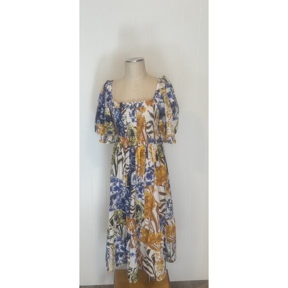INC International Concepts Dress Womens XL Midi Puff Sleeve Floral Smocked Ruche - Picture 1 of 8